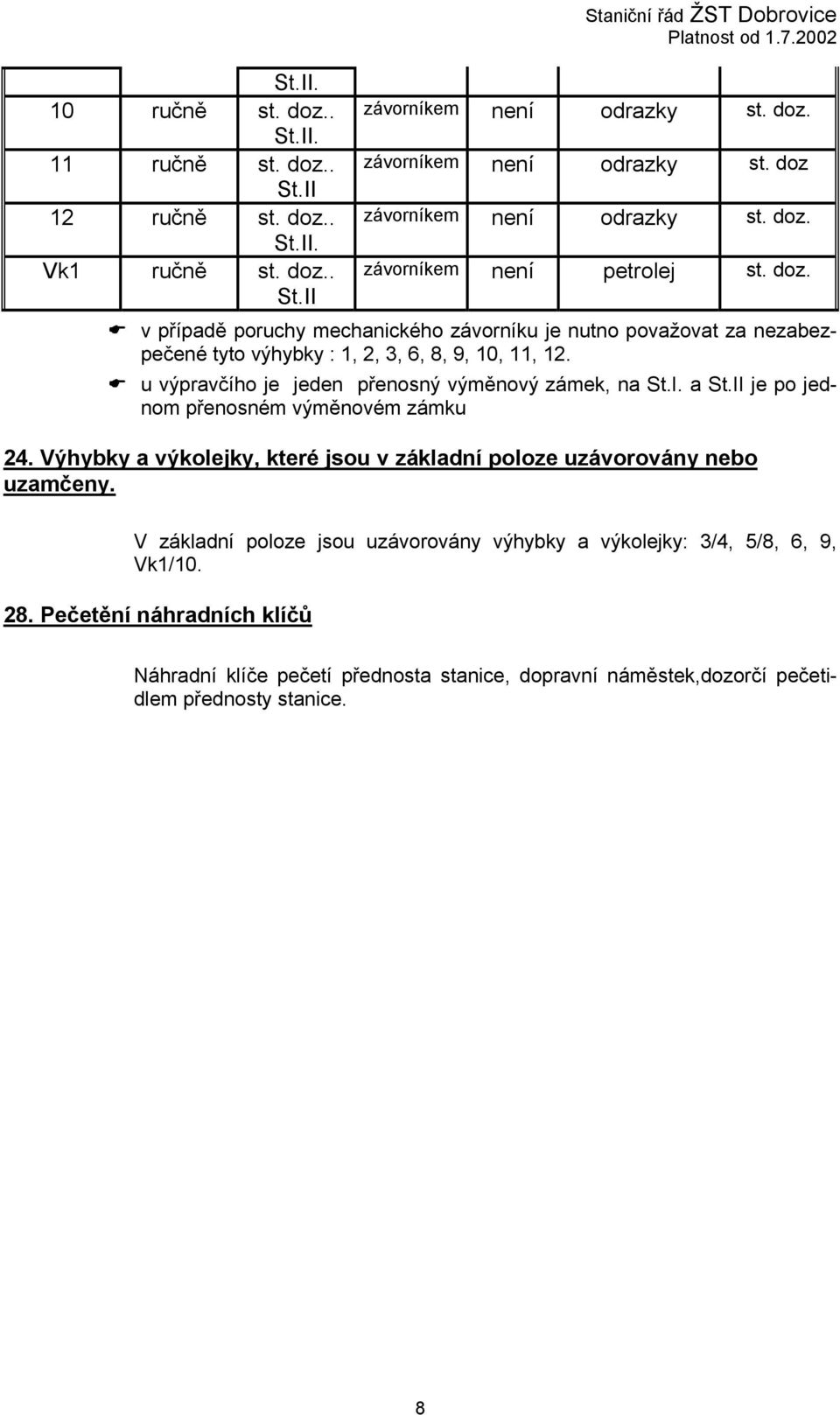 u výpravčího je jeden přenosný výměnový zámek, na St.I. a St.II je po jednom přenosném výměnovém zámku 24. Výhybky a výkolejky, které jsou v základní poloze uzávorovány nebo uzamčeny.