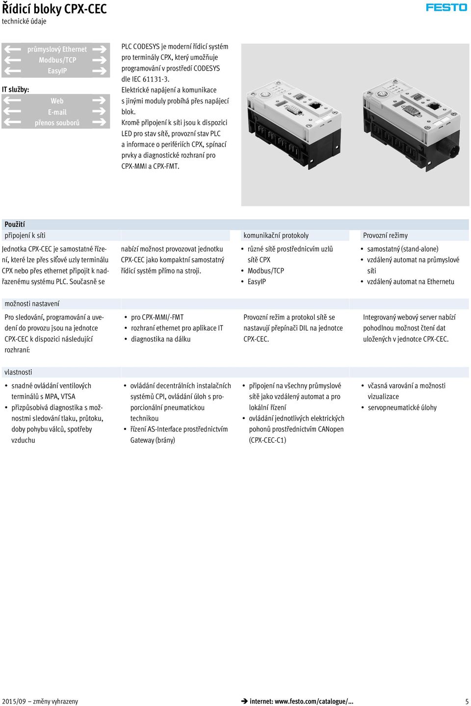 Kromě připojení k síti jsou k dispozici LED pro stav sítě, provozní stav PLC a informace o perifériích CPX, spínací prvky a diagnostické rozhraní pro CPX-MMI a CPX-FMT.