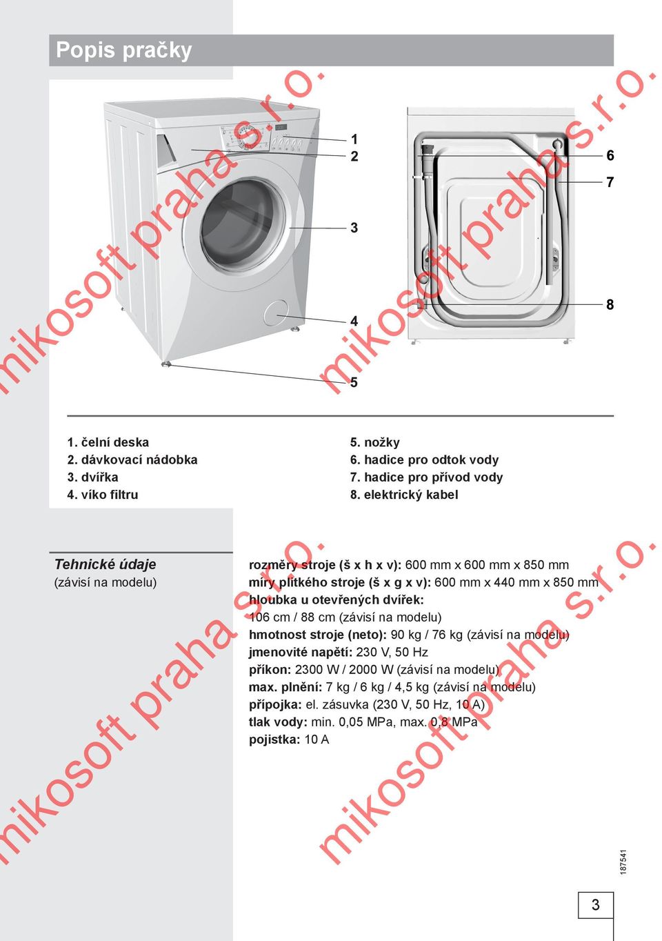 elektrický kabel rozměry stroje (š x h x v): 600 mm x 600 mm x 850 mm míry plitkého stroje (š x g x v): 600 mm x 440 mm x 850 mm hloubka u otevřených dvířek: 106