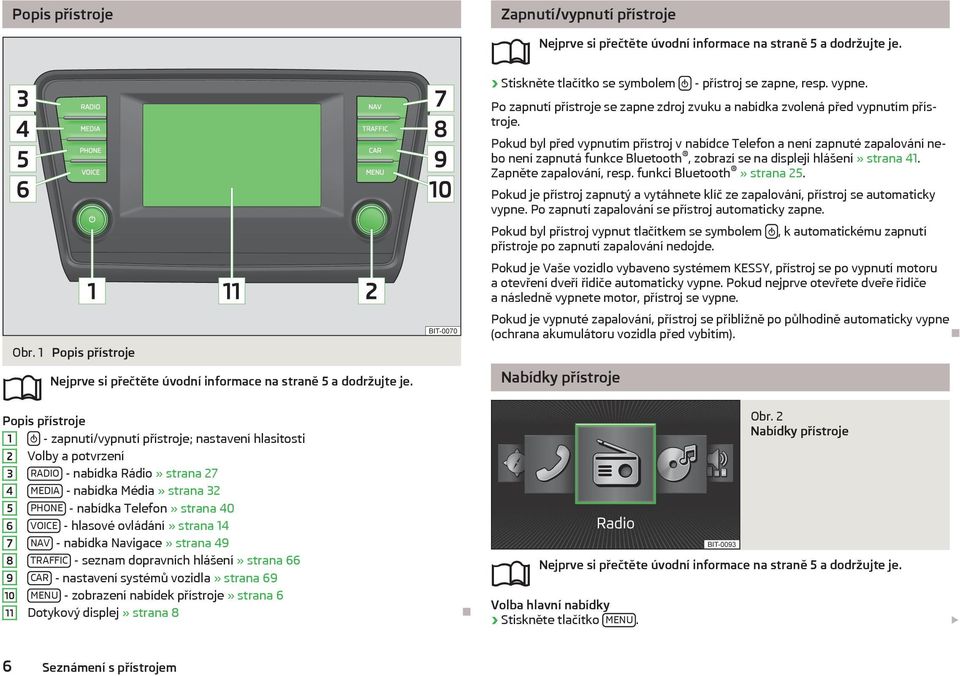 strana 14 NAV - nabídka Navigace» strana 49 TRAFFIC - seznam dopravních hlášení» strana 66 CAR - nastavení systémů vozidla» strana 69 MENU - zobrazení nabídek přístroje» strana 6 Dotykový displej»
