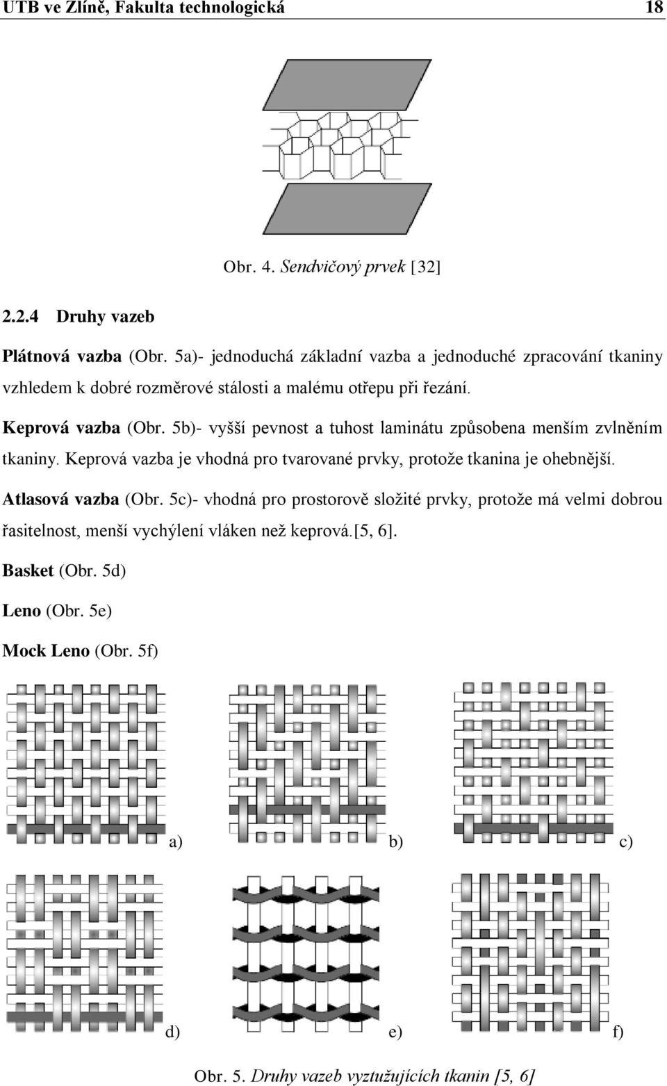 5b)- vyšší pevnost a tuhost laminátu způsobena menším zvlněním tkaniny. Keprová vazba je vhodná pro tvarované prvky, protože tkanina je ohebnější.