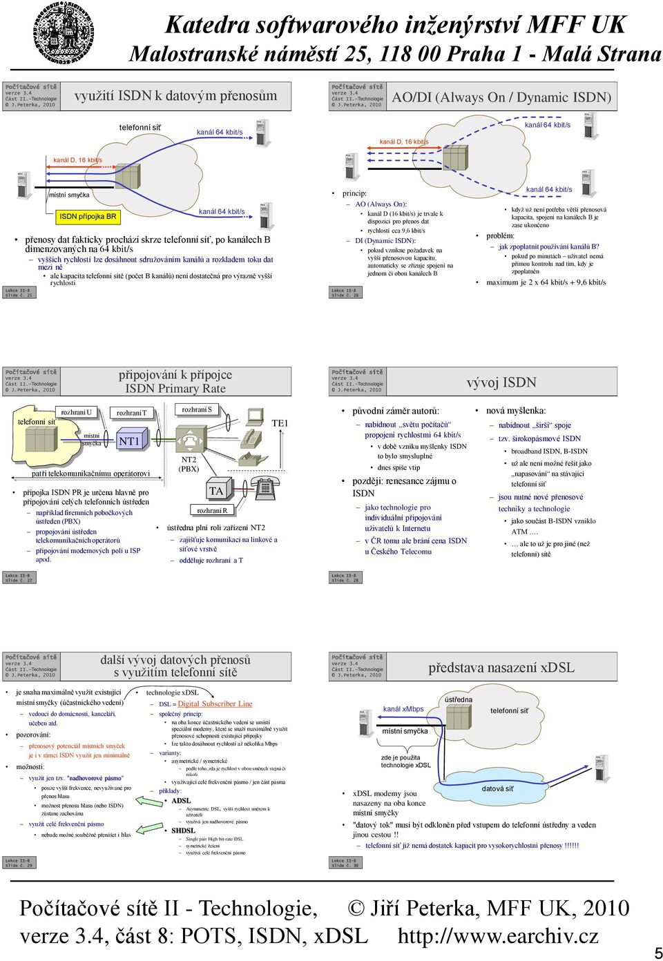 25 ISDN přípojka BR kanál 64 kbit/s princip: AO (Always On): kanál D (16 kbit/s) je trvale k dispozici pro přenos dat rychlostí cca 9,6 kbit/s DI (Dynamic ISDN): pokud vznikne požadavek na vyšší