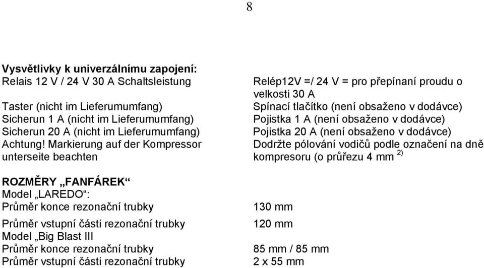 Markierung auf der Kompressor unterseite beachten ROZMĚRY FANFÁREK Model LAREDO : Průměr konce rezonační trubky Průměr vstupní části rezonační trubky Model Big Blast III Průměr konce