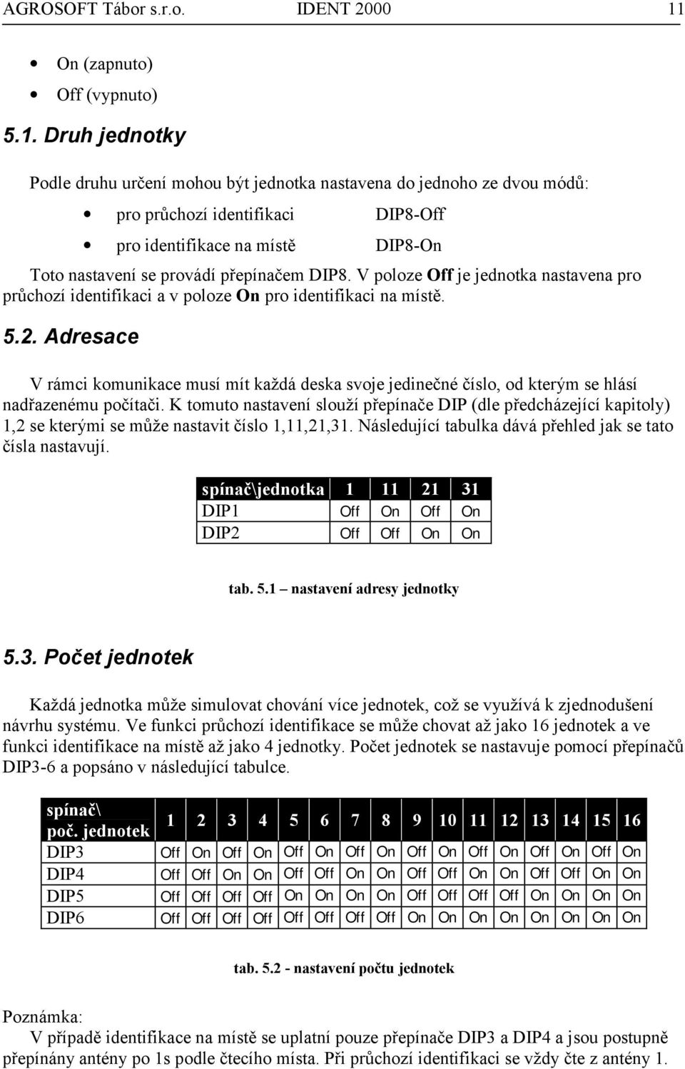 Druh jednotky Podle druhu určení mohou být jednotka nastavena do jednoho ze dvou módů: pro průchozí identifikaci DIP8-Off pro identifikace na místě DIP8-On Toto nastavení se provádí přepínačem DIP8.