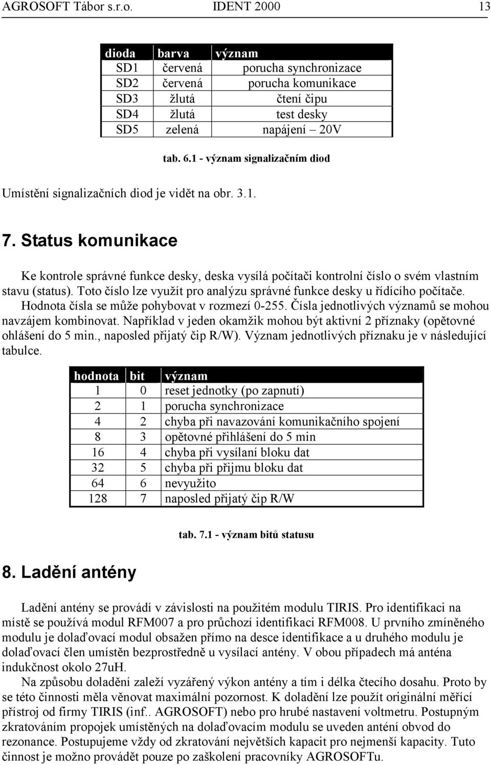 Status komunikace Ke kontrole správné funkce desky, deska vysílá počítači kontrolní číslo o svém vlastním stavu (status). Toto číslo lze využít pro analýzu správné funkce desky u řídícího počítače.