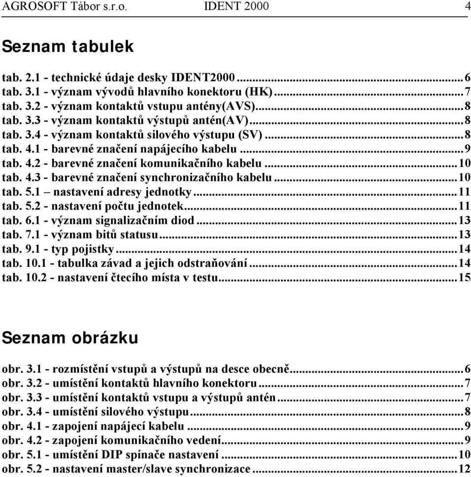 ..10 tab. 4.3 - barevné značení synchronizačního kabelu...10 tab. 5.1 nastavení adresy jednotky...11 tab. 5.2 - nastavení počtu jednotek...11 tab. 6.1 - význam signalizačním diod...13 tab. 7.