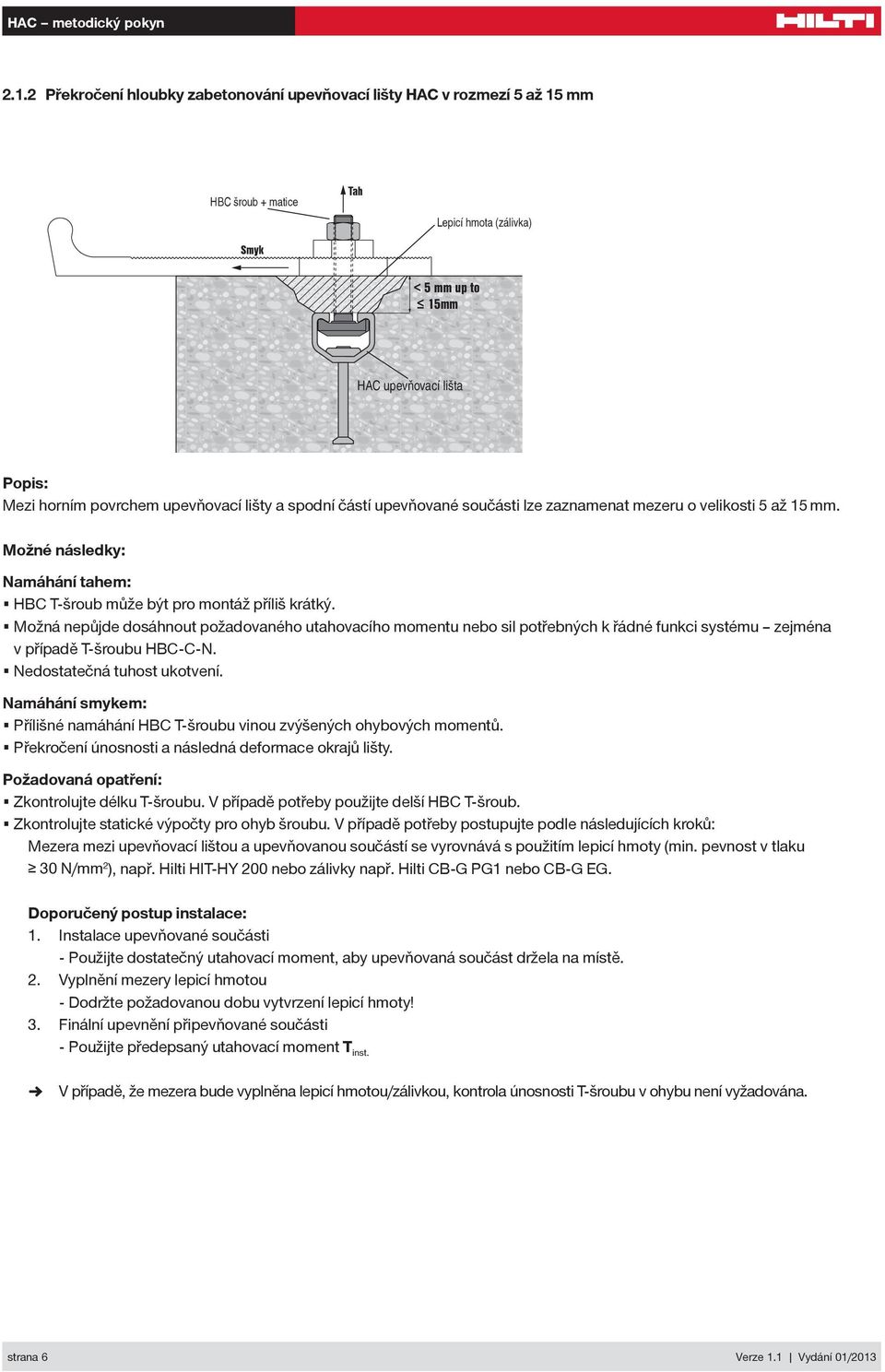 Možná nepůjde dosáhnout požadovaného utahovacího momentu nebo sil potřebných k řádné funkci systému zejména v případě T-šroubu HBC-C-N. Nedostatečná tuhost ukotvení.