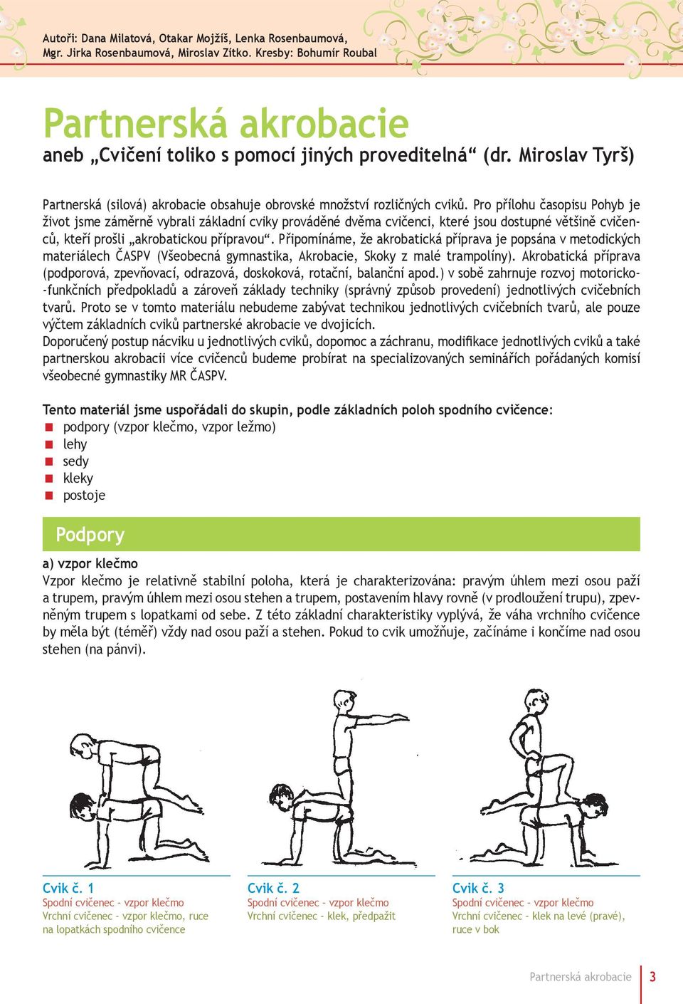 Pro přílohu časopisu Pohyb je život jsme záměrně vybrali základní cviky prováděné dvěma cvičenci, které jsou dostupné většině cvičenců, kteří prošli akrobatickou přípravou.