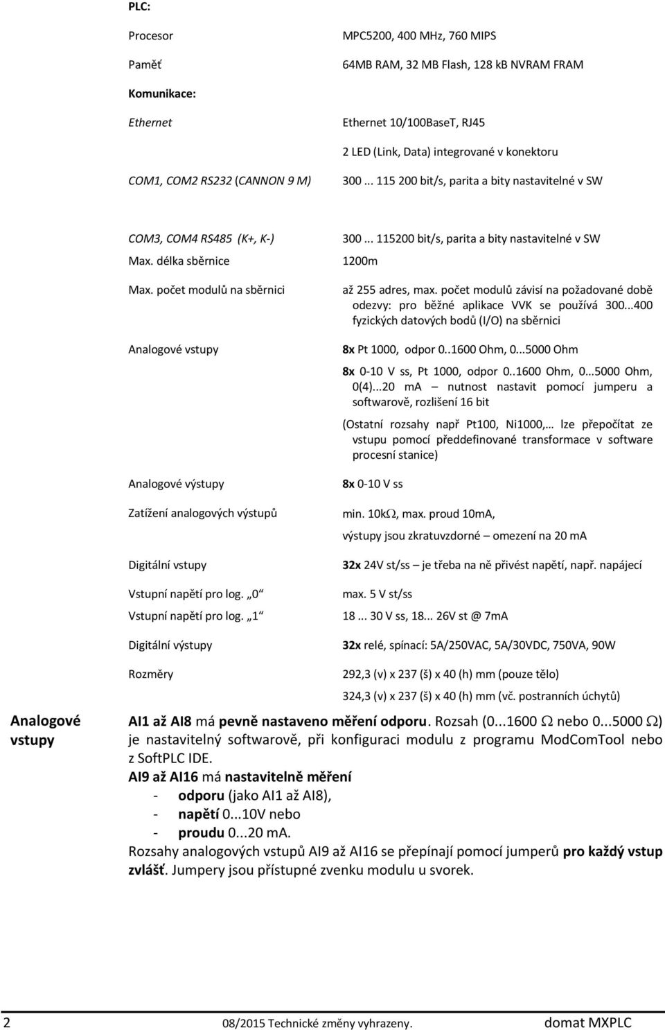 počet modulů na sběrnici Analogové vstupy Analogové výstupy Zatížení analogových výstupů Digitální vstupy Vstupní napětí pro log. 0 Vstupní napětí pro log. 1 Digitální výstupy 300.