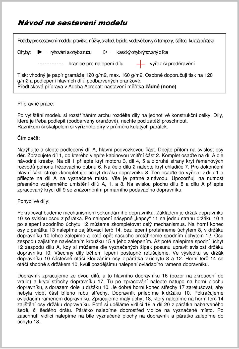 Předtisková příprava v Adoba Acrobat: nastavení měřítka žádné (none) Přípravné práce: Po vytištění modelu si rozstříháním archu rozdělte díly na jednotlivé konstrukční celky.