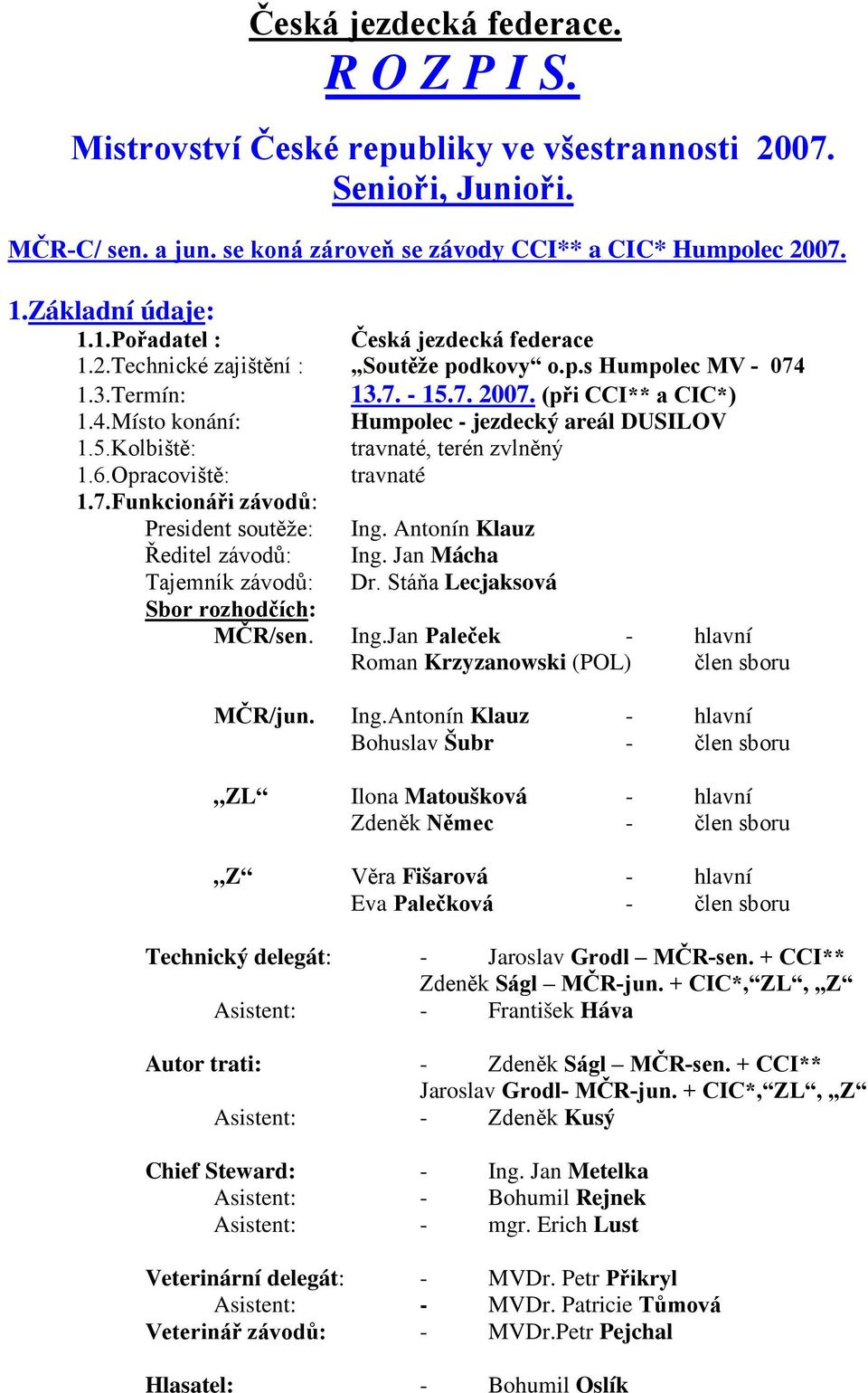 5.Kolbiště: travnaté, terén zvlněný 1.6.Opracoviště: travnaté 1.7.Funkcionáři závodů: President soutěže: Ing. Antonín Klauz Ředitel závodů: Ing. Jan Mácha Tajemník závodů: Dr.