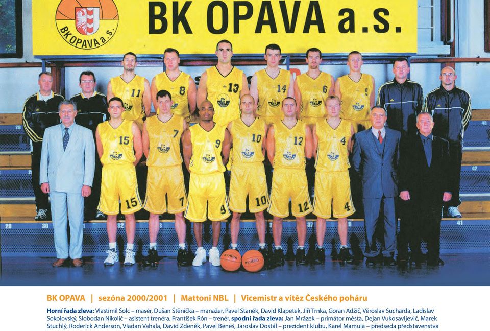 Nikolič asistent trenéra, František Rón trenér, spodní řada zleva: Jan Mrázek primátor města, Dejan Vukosavljevič, Marek