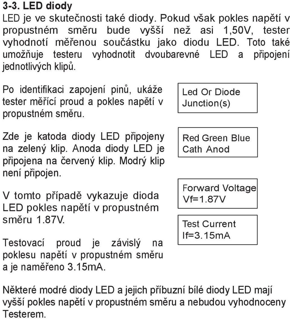 Zde je katoda diody LED připojeny na zelený klip. Anoda diody LED je připojena na červený klip. Modrý klip není připojen. V tomto případě vykazuje dioda LED pokles napětí v propustném směru 1.87V.