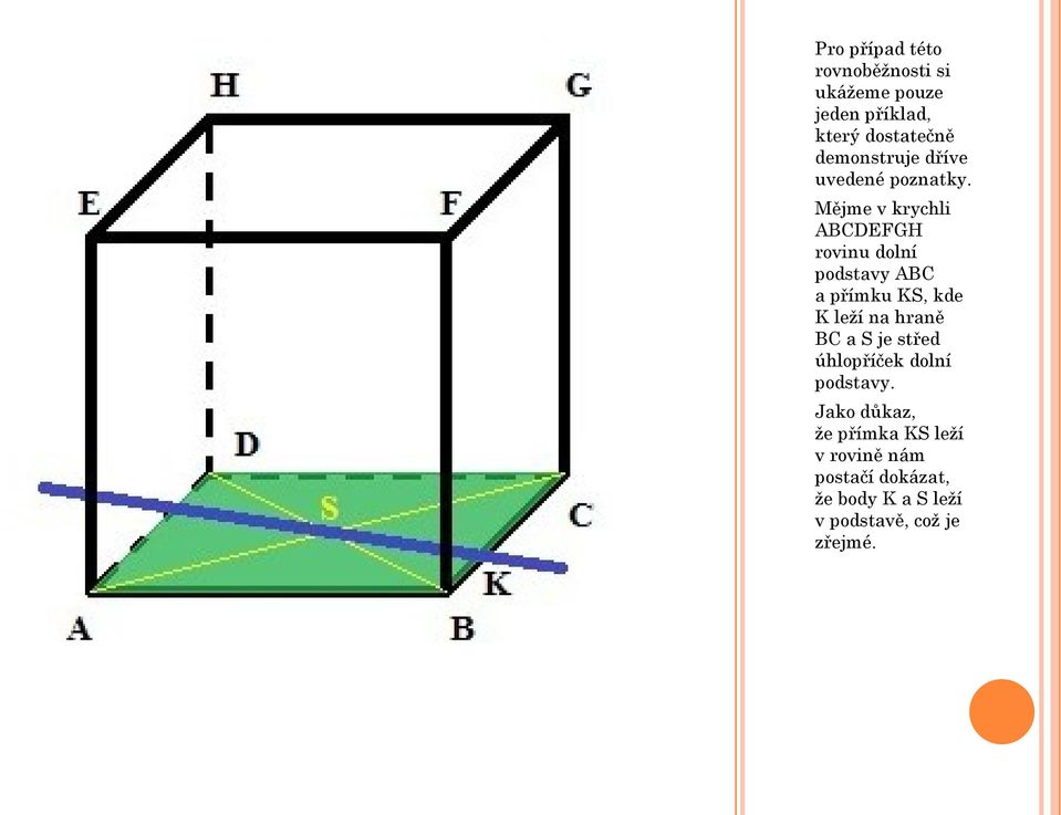 Mějme v krychli ABCDEFGH rovinu dolní podstavy ABC a přímku KS, kde K leží na hraně BC