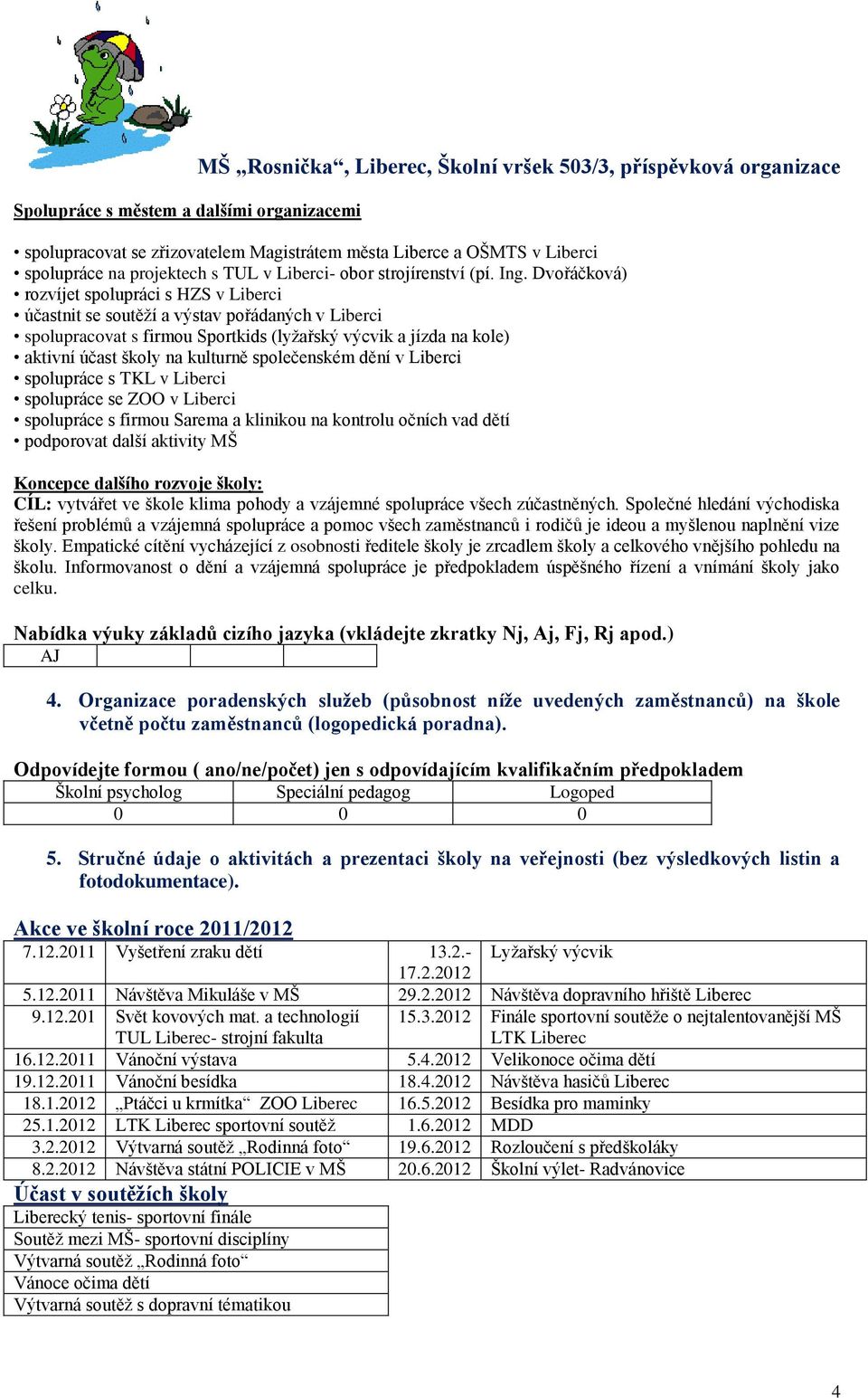 Dvořáčková) rozvíjet spolupráci s HZS v Liberci účastnit se soutěží a výstav pořádaných v Liberci spolupracovat s firmou Sportkids (lyžařský výcvik a jízda na kole) aktivní účast školy na kulturně
