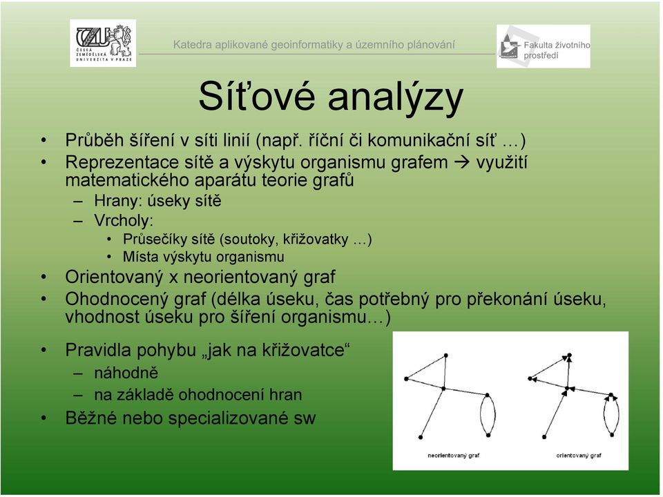 úseky sítě Vrcholy: Průsečíky sítě (soutoky, křižovatky ) Místa výskytu organismu Orientovaný x neorientovaný graf