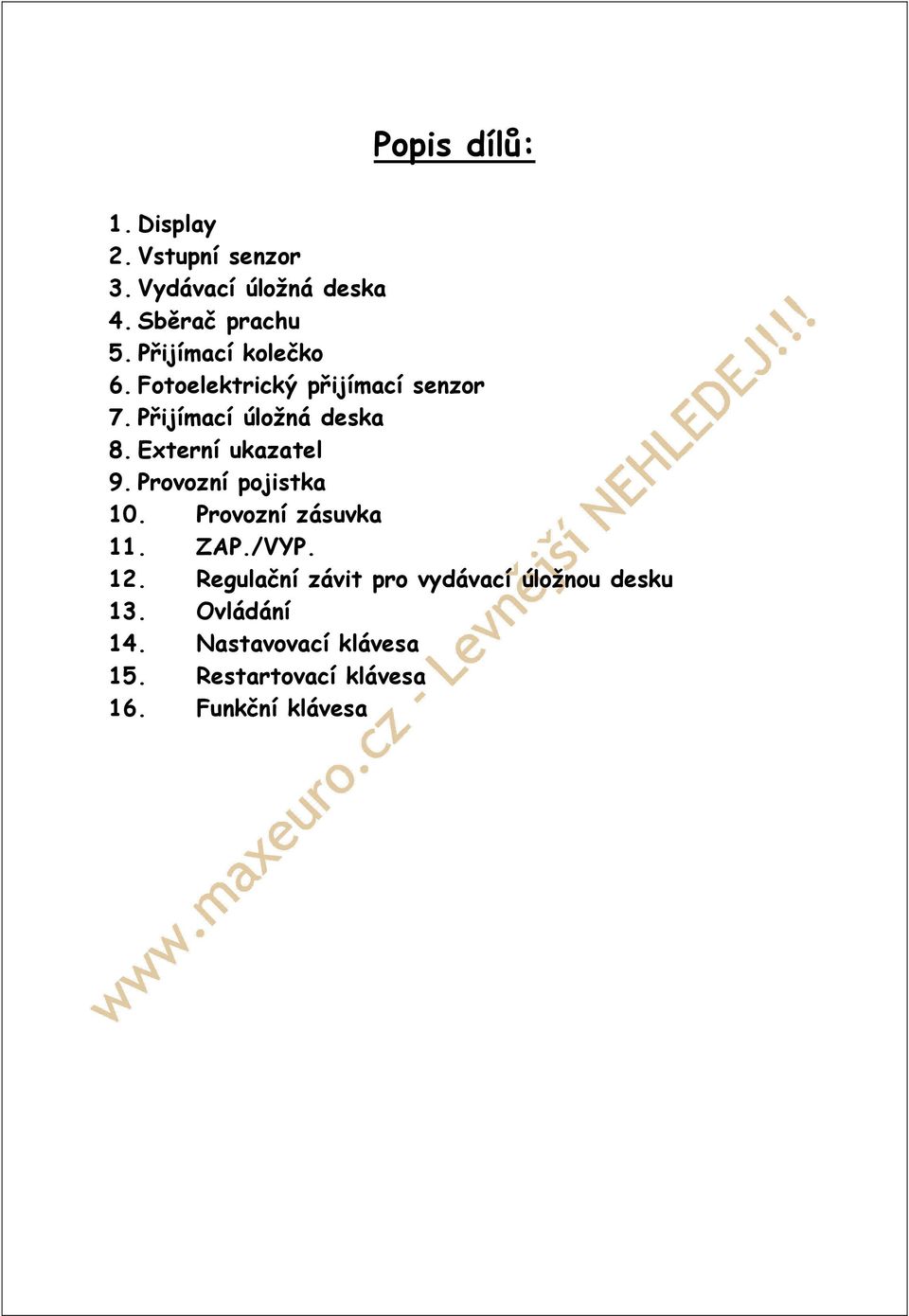 Externí ukazatel 9. Provozní pojistka 10. Provozní zásuvka 11. ZAP./VYP. 12.