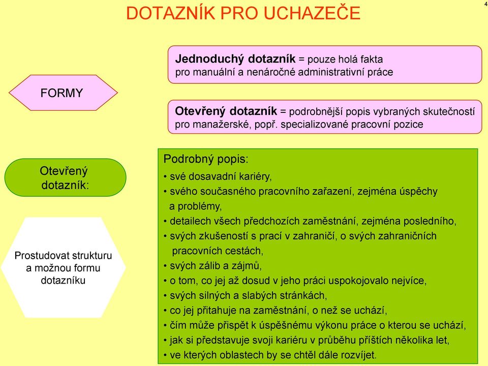 problémy, detailech všech předchozích zaměstnání, zejména posledního, svých zkušeností s prací v zahraničí, o svých zahraničních pracovních cestách, svých zálib a zájmů, o tom, co jej aţ dosud v jeho