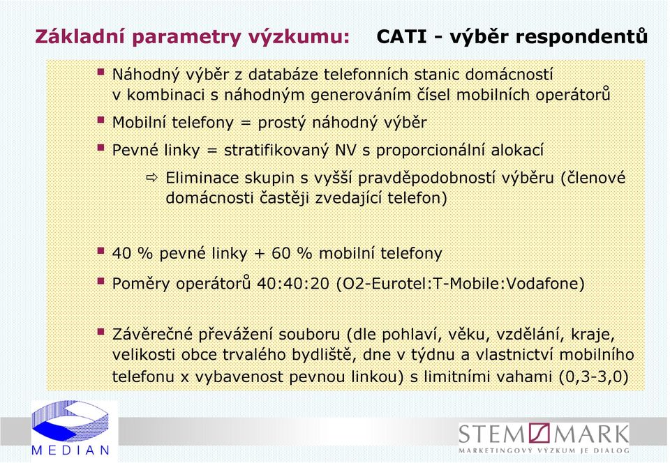 domácnosti častěji zvedající telefon) 40 % pevné linky + 60 % mobilní telefony Poměry operátorů 40:40:20 (O2-Eurotel:T-Mobile:Vodafone) Závěrečné převážení souboru