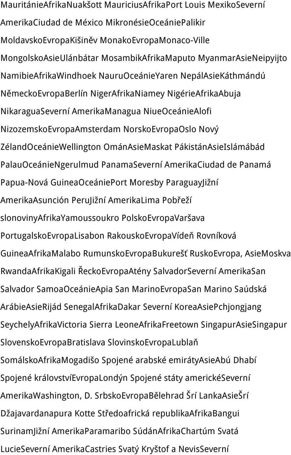 NiueOceánieAlofi NizozemskoEvropaAmsterdam NorskoEvropaOslo Nový ZélandOceánieWellington OmánAsieMaskat PákistánAsieIslámábád PalauOceánieNgerulmud PanamaSeverní AmerikaCiudad de Panamá Papua-Nová