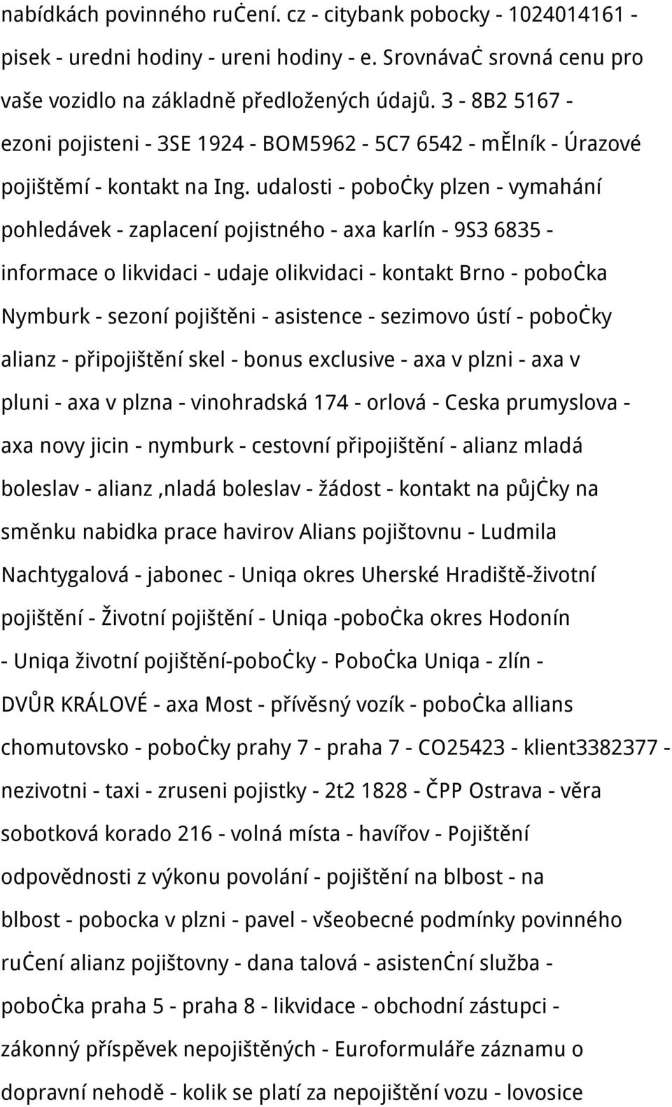 udalosti - pobočky plzen - vymahání pohledávek - zaplacení pojistného - axa karlín - 9S3 6835 - informace o likvidaci - udaje olikvidaci - kontakt Brno - pobočka Nymburk - sezoní pojištěni -