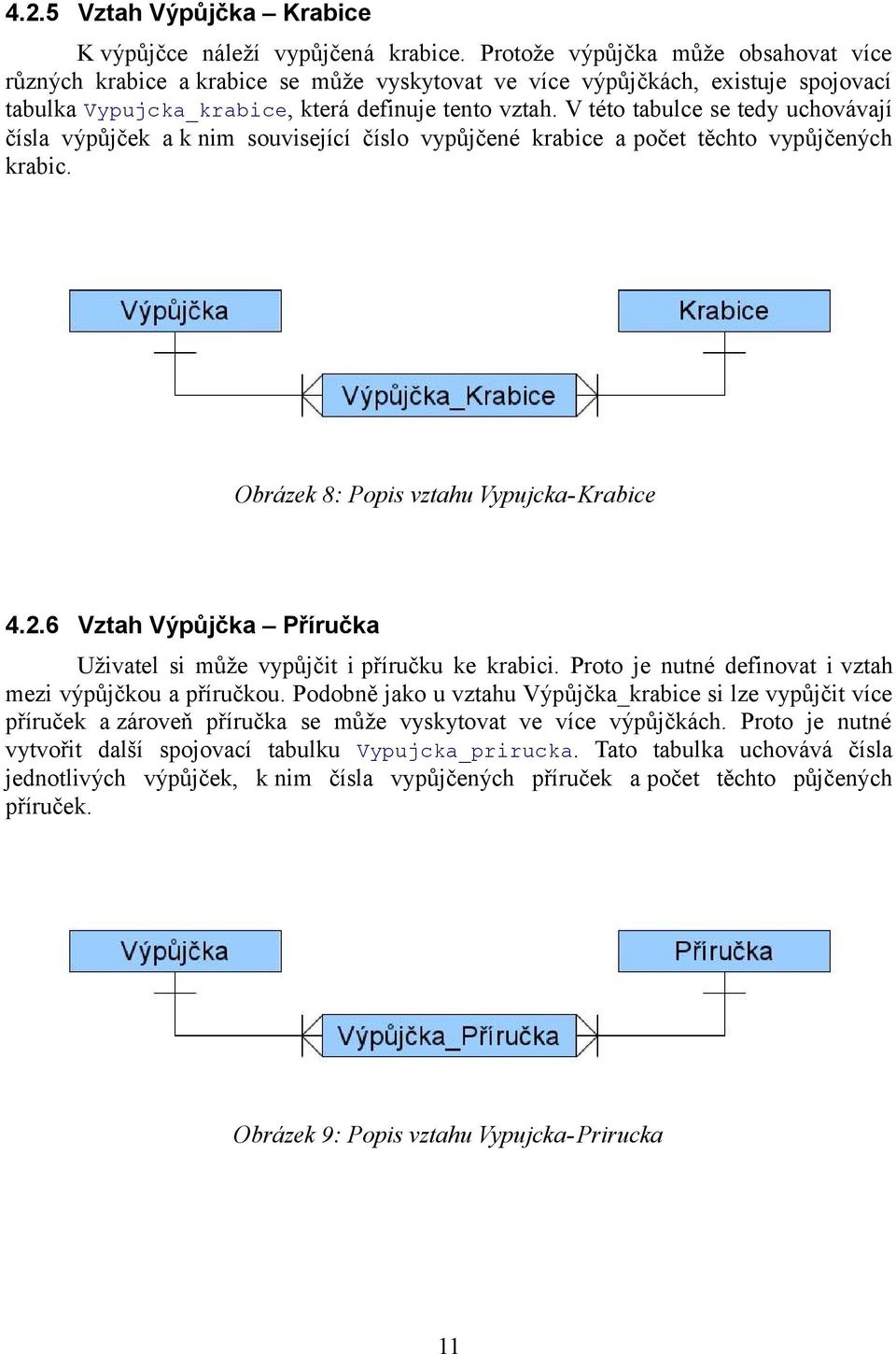 V této tabulce se tedy uchovávají čísla výpůjček a k nim související číslo vypůjčené krabice a počet těchto vypůjčených krabic. Obrázek 8: Popis vztahu Vypujcka- Krabice 4.2.