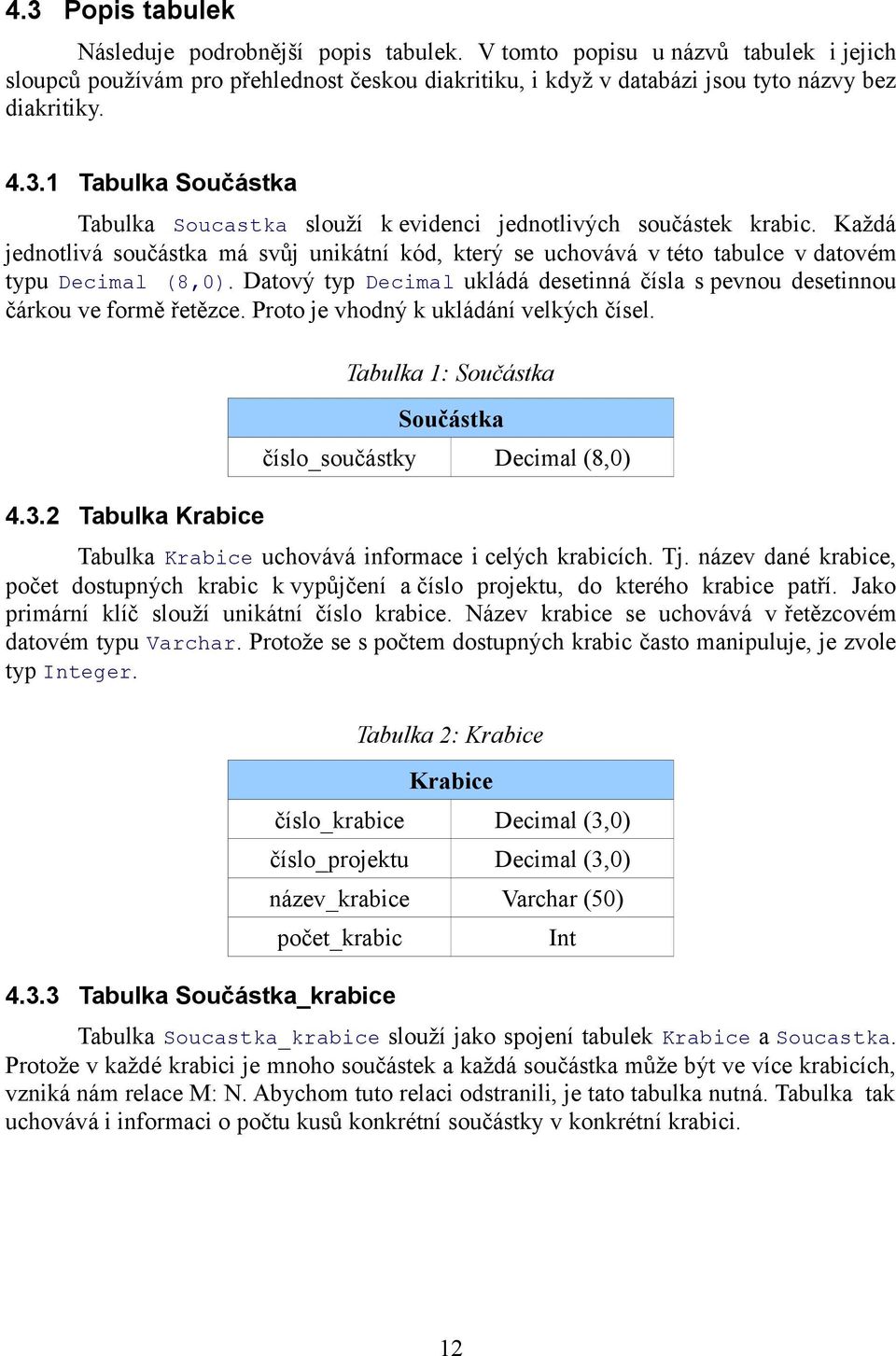 Datový typ Decimal ukládá desetinná čísla s pevnou desetinnou čárkou ve formě řetězce. Proto je vhodný k ukládání velkých čísel. Tabulka 1: Součástka Součástka číslo_součástky Decimal (8,0) 4.3.