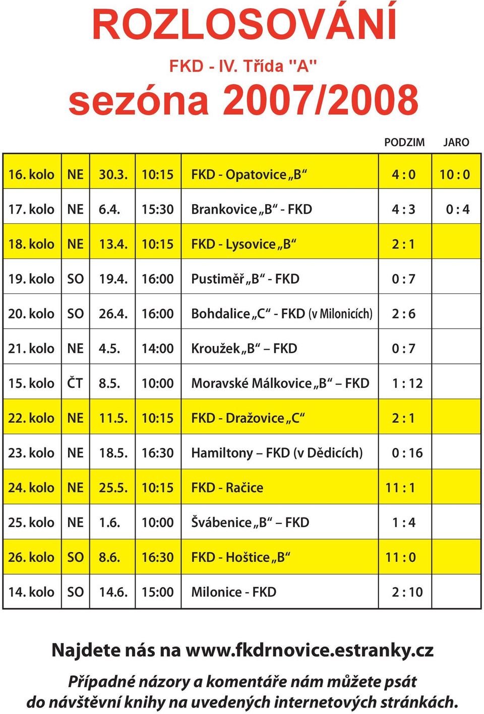 kolo SO 26.4. 5 9.9.2007 16:00 Bohdalice C - FKD (v Milonicích) 2 : 6 Sokol Lysovice B - FKD 21. kolo 6 NE 4.5. 16.9.2007 14:00 Kroužek B FKD 0 : 7 10,15 FKD - Sokol Pustim B 15. kolo 7 ČT 8.5. 23.9.2007 10:00 Moravské Málkovice 10,15 FKD - Sokol B FKD Bohdalice 1 : 12 C 22.