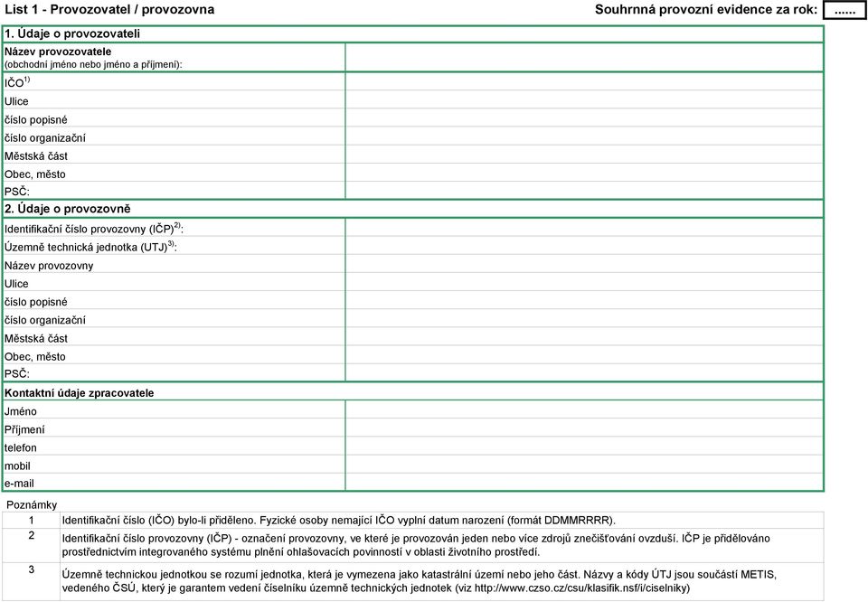 zpracovatele Jméno Příjmení telefon mobil e-mail Poznámky 1 Identifikační číslo (IČO) bylo-li přiděleno. Fyzické osoby nemající IČO vyplní datum narození (formát DDMMRRRR).