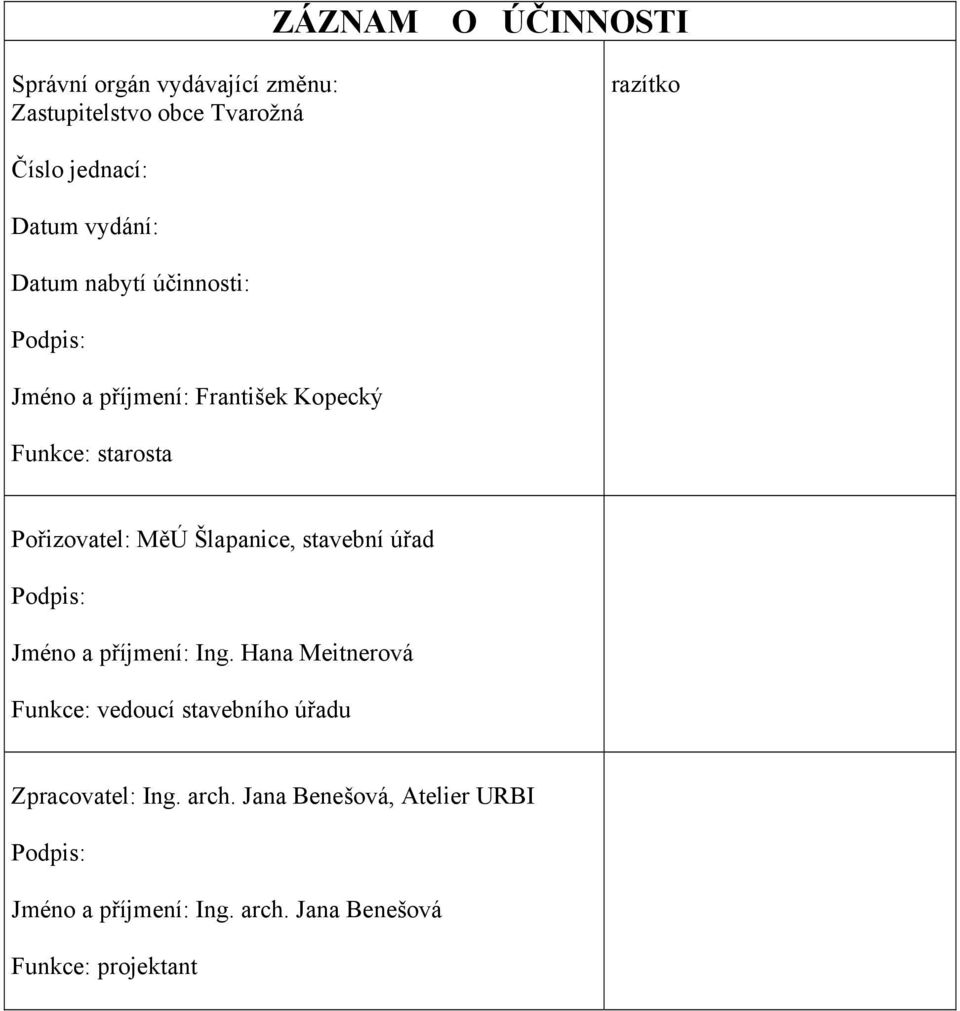 Šlapanice, stavební úřad Podpis: Jméno a příjmení: Ing.