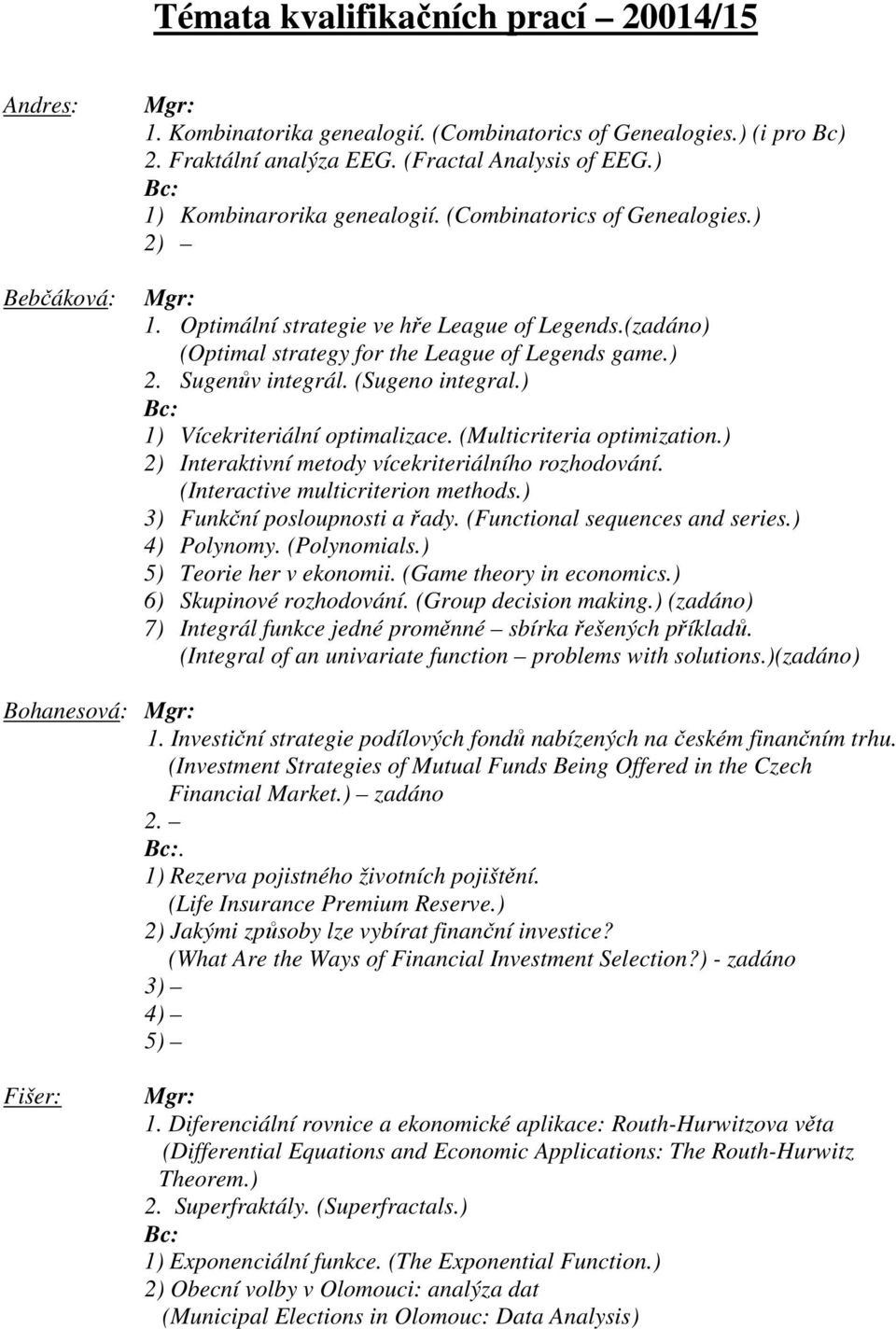 (Sugeno integral.) 1) Vícekriteriální optimalizace. (Multicriteria optimization.) 2) Interaktivní metody vícekriteriálního rozhodování. (Interactive multicriterion methods.