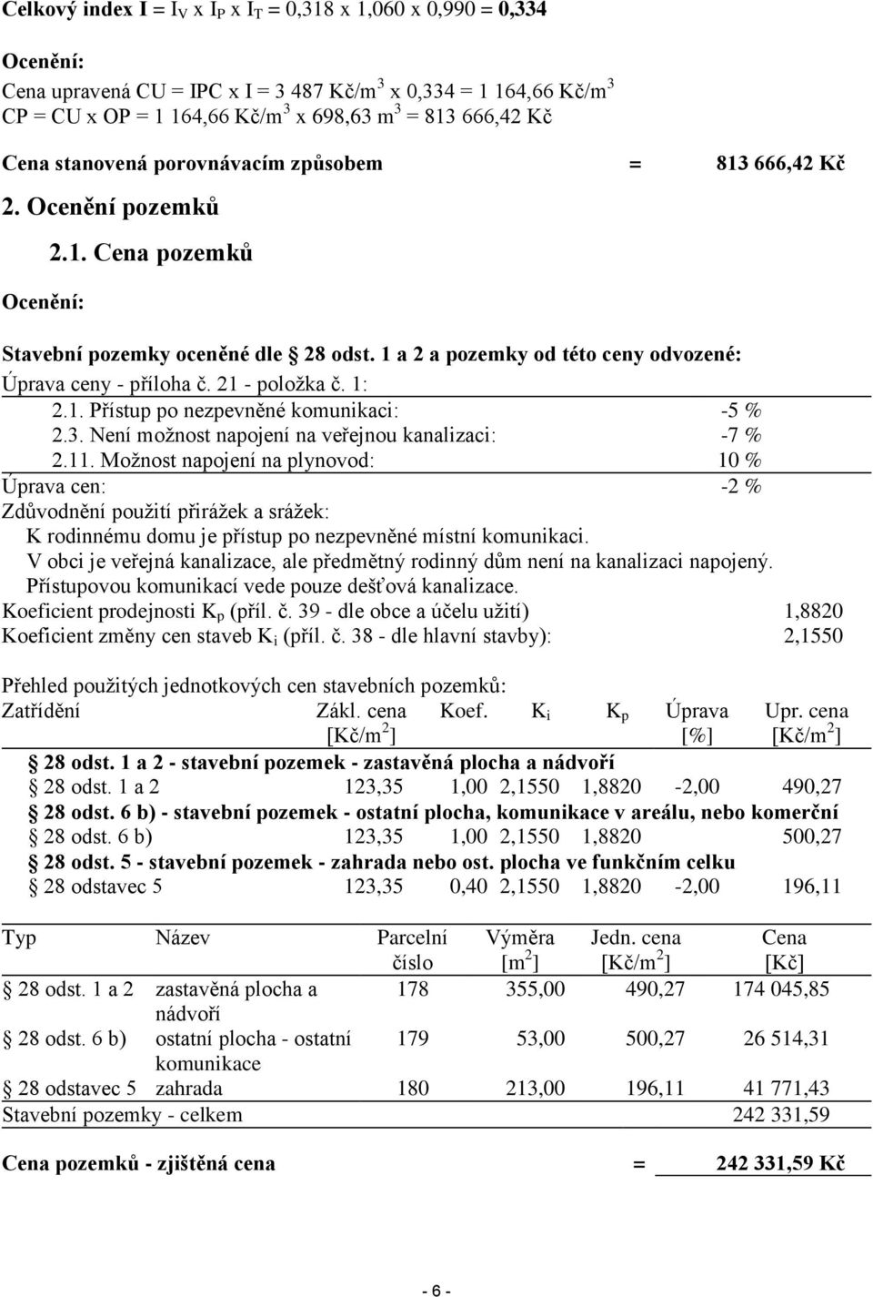 1 a 2 a pozemky od této ceny odvozené: Úprava ceny - příloha č. 21 - položka č. 1: 2.1. Přístup po nezpevněné komunikaci: -5 % 2.3. Není možnost napojení na veřejnou kanalizaci: -7 % 2.11.