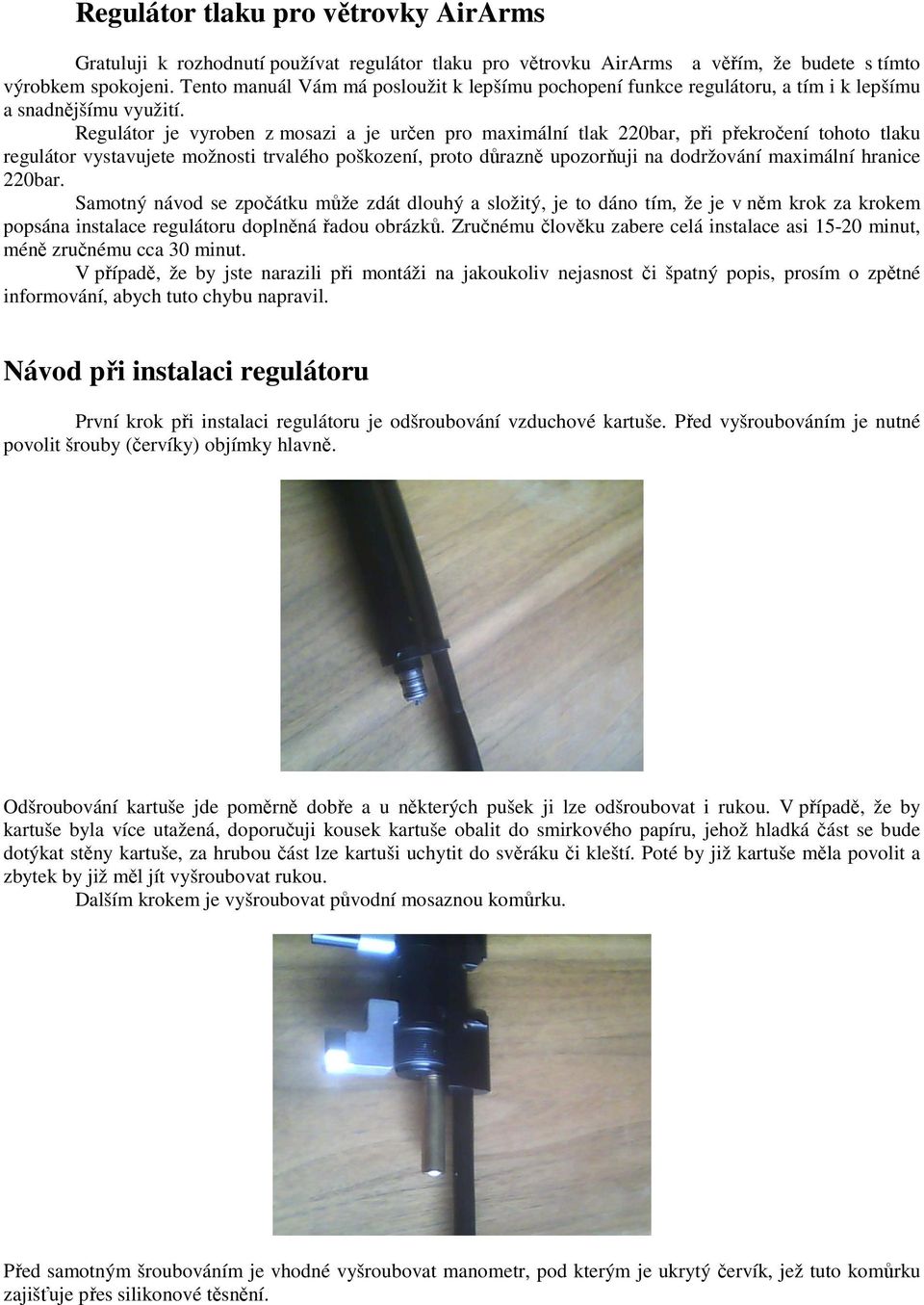 Regulátor tlaku pro větrovky AirArms. Návod při instalaci regulátoru - PDF  Free Download