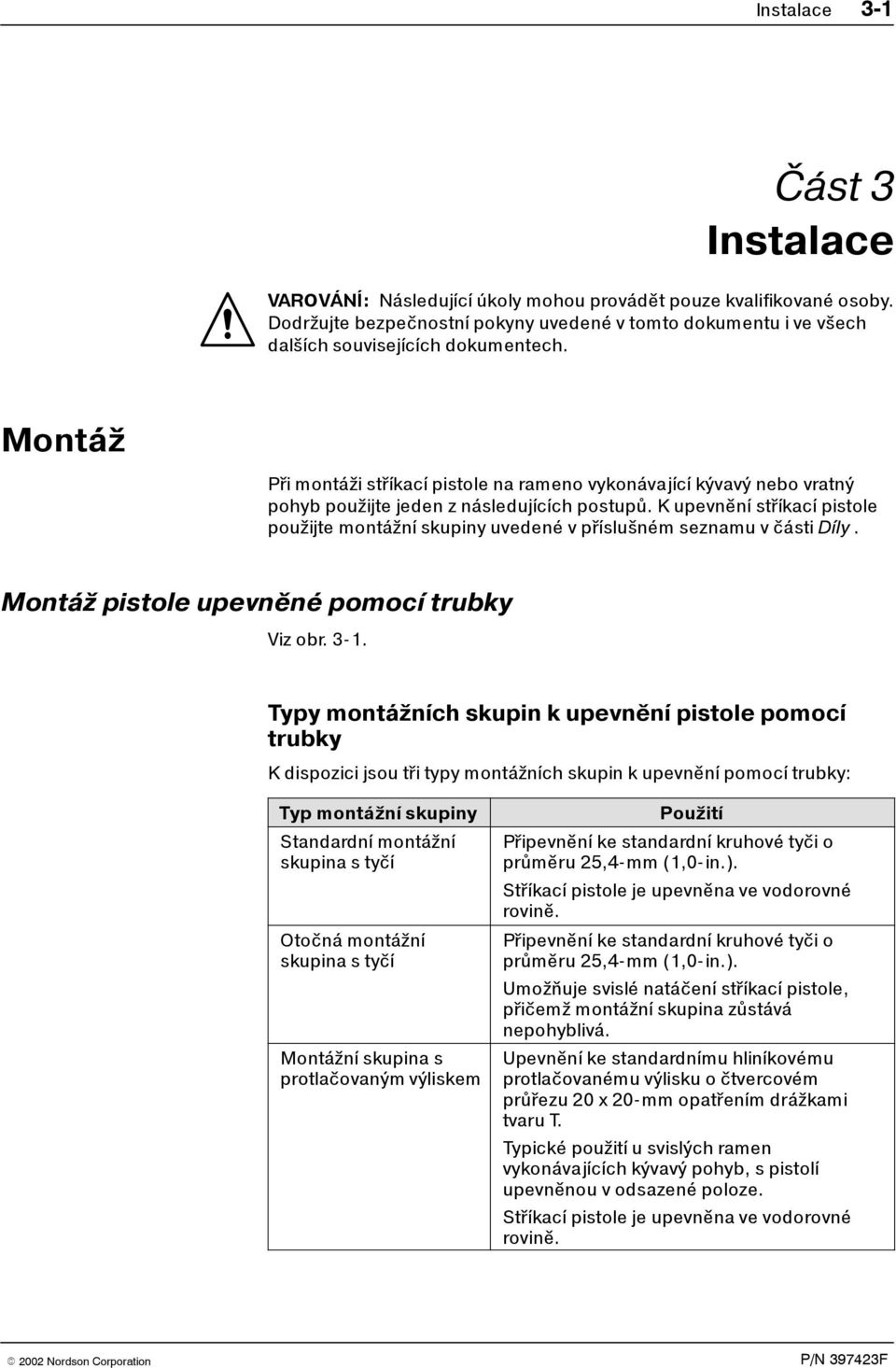 K upevnní st$íkací pistole použijte montážní skupiny uvedené v p$íslušném seznamu v!ásti Díly. Montáž pistole upevnné pomocí trubky Viz obr. 3*1.