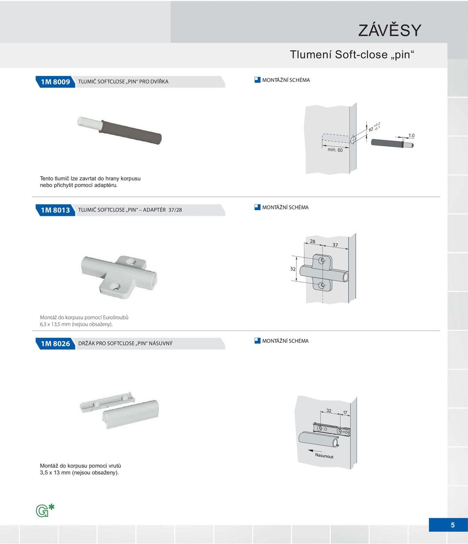 1M 8013 TLUMIÈ SOFTCLOSE PIN ADAPTÉR 37/28 Montáž do korpusu pomocí Eurošroubù 6,3 x 13,5 mm