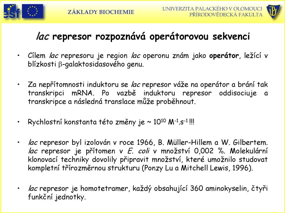 Rychlostní konstanta této změny je ~ 10 10 M -1.s -1!!! lac represor byl izolován v roce 1966, B. Müller-illem a W. Gilbertem. lac represor je přítomen v E. coli v množství 0,002 %.