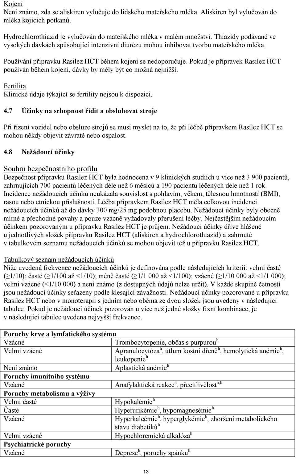 Pokud je přípravek Rasilez HCT používán během kojení, dávky by měly být co možná nejnižší. Fertilita Klinické údaje týkající se fertility nejsou k dispozici. 4.