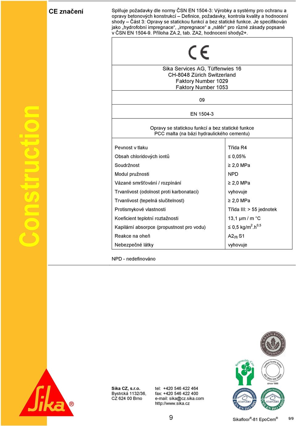 Sika Services AG, Tüffenwies 16 CH-8048 Zürich Switzerland Faktory Number 1029 Faktory Number 1053 09 Construction Pevnost v tlaku Obsah chloridových iontů Soudržnost Modul pružnosti Vázané