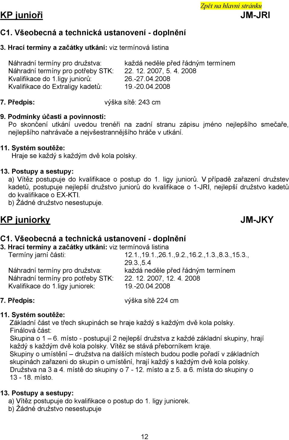 ligy juniorů: 26.-27.04.2008 Kvalifikace do Extraligy kadetů: 19.-20.04.2008 7. Předpis: výška sítě: 243 cm 9.