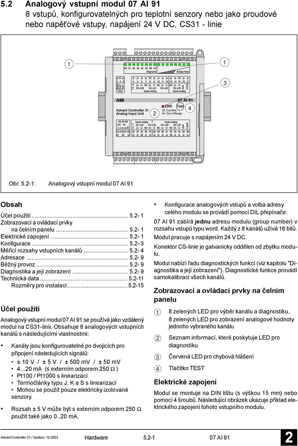 .. 5.- 4 Adresace... 5.- 9 Běžný provoz... 5.- 9 Diagnostika a její zobrazení... 5.- 9 Technická data... 5.-11 Rozměry pro instalaci...5.-15 Účel použití Analogový vstupní modul 07 AI 91 se používá jako vzdálený modul na CS31-linii.