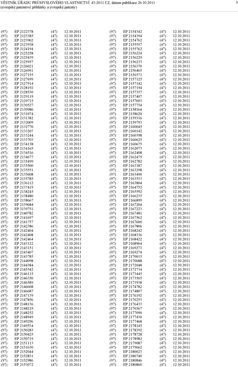 2135500 EP 2135551 EP 2135608 EP 2135785 EP 2136112 EP 2137419 EP 2138245 EP 2138480 EP 2138667 EP 2139684 EP 2139751 EP 2140782 EP 2141697 EP 2141757 EP 2142386 EP 2142404 EP 2142408 EP 2142464 EP