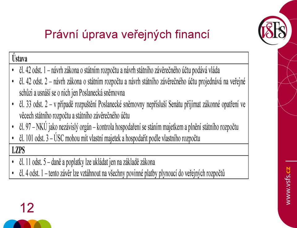 97 NKÚ jako nezávislý orgán kontrola hospodaření se stáním majetkem a plnění státního rozpočtu čl. 101 odst. 3 ÚSC mohou mít vlastní majetek a hospodařit podle vlastního rozpočtu LZPS čl.