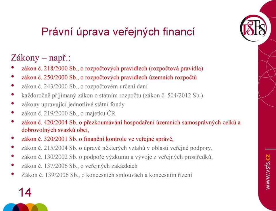 420/2004 Sb. o přezkoumávání hospodaření územních samosprávných celků a dobrovolných svazků obcí, zákon č. 320/2001 Sb. o finanční kontrole ve veřejné správě, zákon č. 215/2004 Sb.