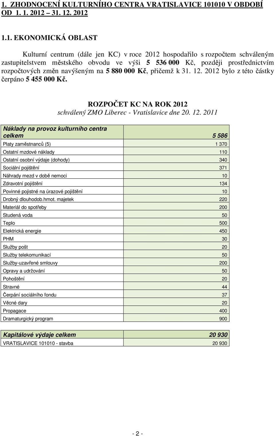ROZPOČET KC NA ROK 2012 schválený ZMO Liberec - Vratislavice dne 20. 12.