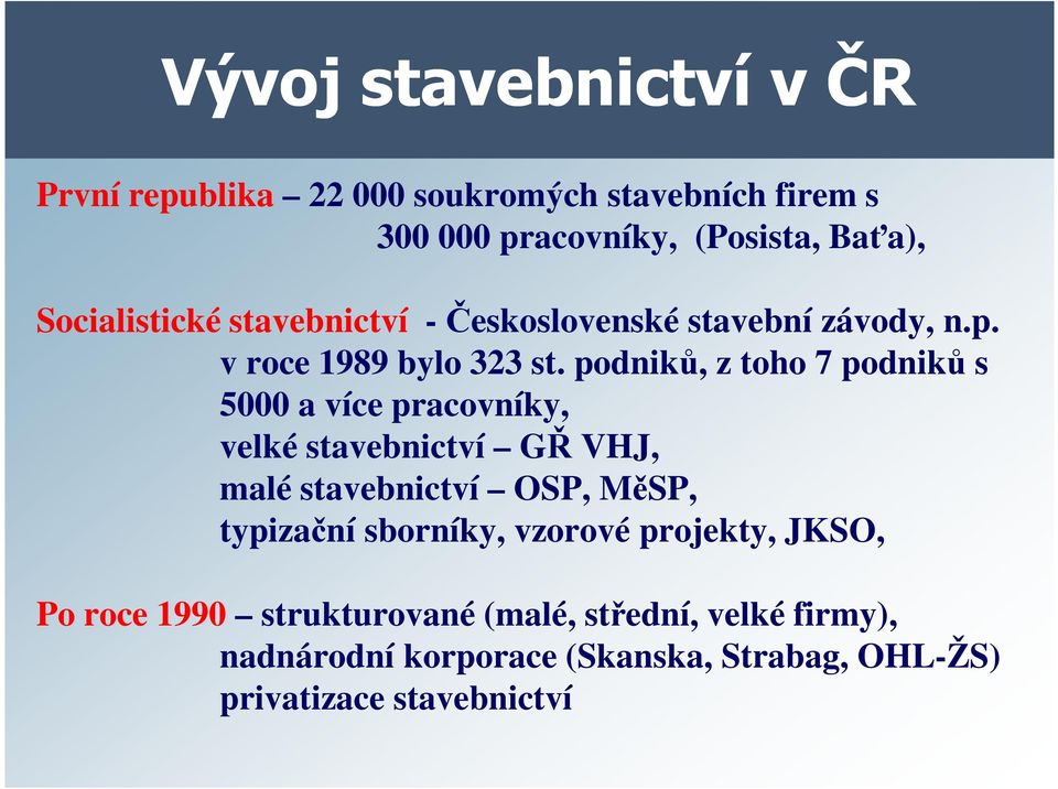 podniků, z toho 7 podniků s 5000 a více pracovníky, velké stavebnictví GŘ VHJ, malé stavebnictví OSP, MěSP, typizační