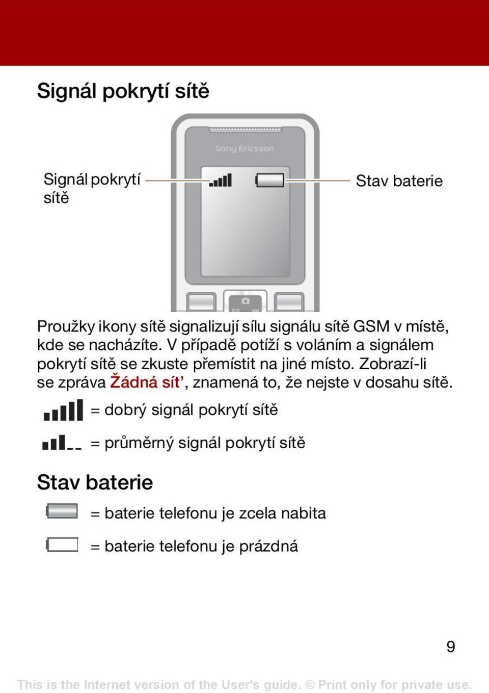 V případě potíží s voláním a signálem pokrytí sítě se zkuste přemístit na jiné místo.