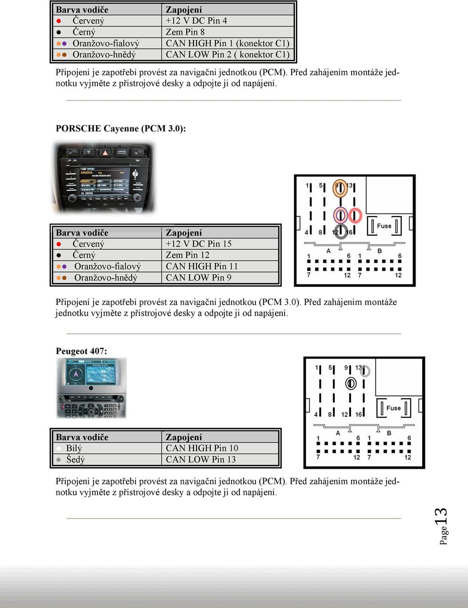0): Červený Černý Oranžovo-fialový Oranžovo-hnědý +12 V DC Pin 15 Zem Pin 12 CAN HIGH Pin 11 CAN LOW Pin 9 Připojení je zapotřebí provést za navigační jednotkou (PCM 3.0). Před zahájením montáže jednotku vyjměte z přístrojové desky a odpojte ji od napájení.