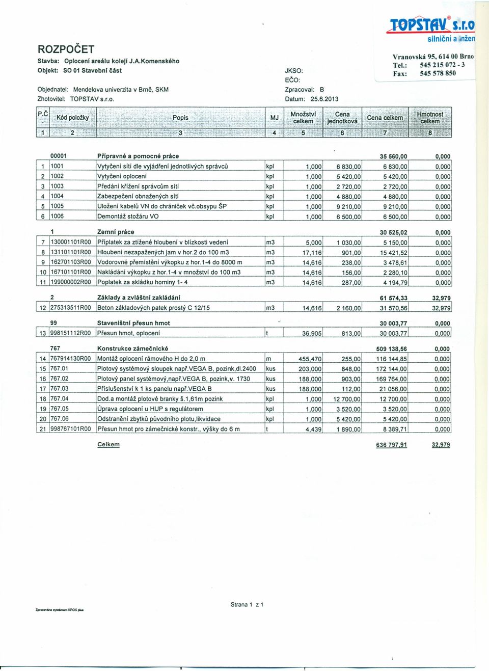 : 545215072-3 Fax: 545 578 850 00001 Přípravně a pomocné práce 3556000 0000 1 1001 Vytyčení sítí dle vyjádření jednotlivých správců kpl 1000 683 683 0 2 1002 Vytyčeni oplocení kpl 1000 542 542 0 3