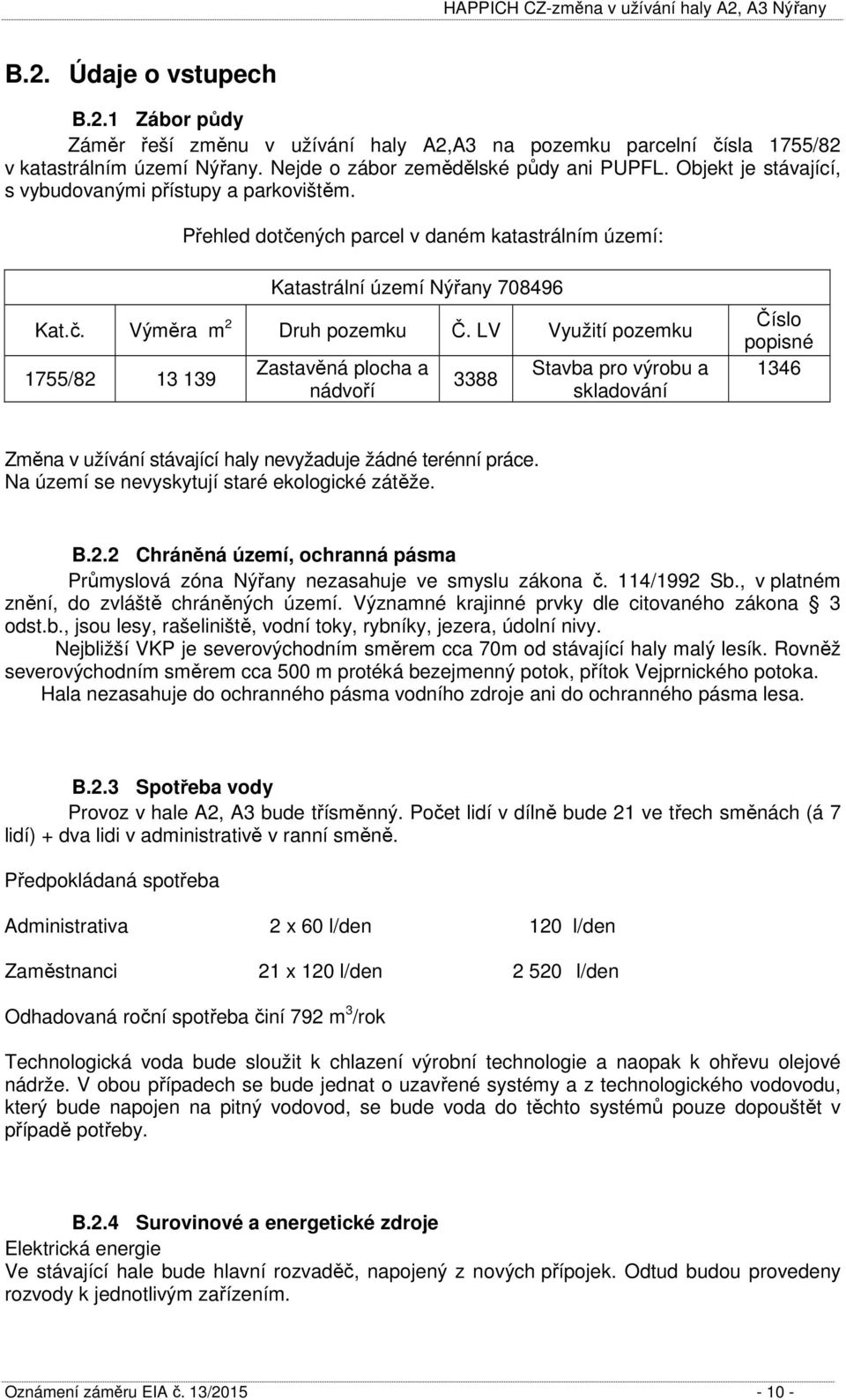 LV Využití pozemku 1755/82 13 139 Zastavěná plocha a nádvoří 3388 Stavba pro výrobu a skladování Číslo popisné 1346 Změna v užívání stávající haly nevyžaduje žádné terénní práce.