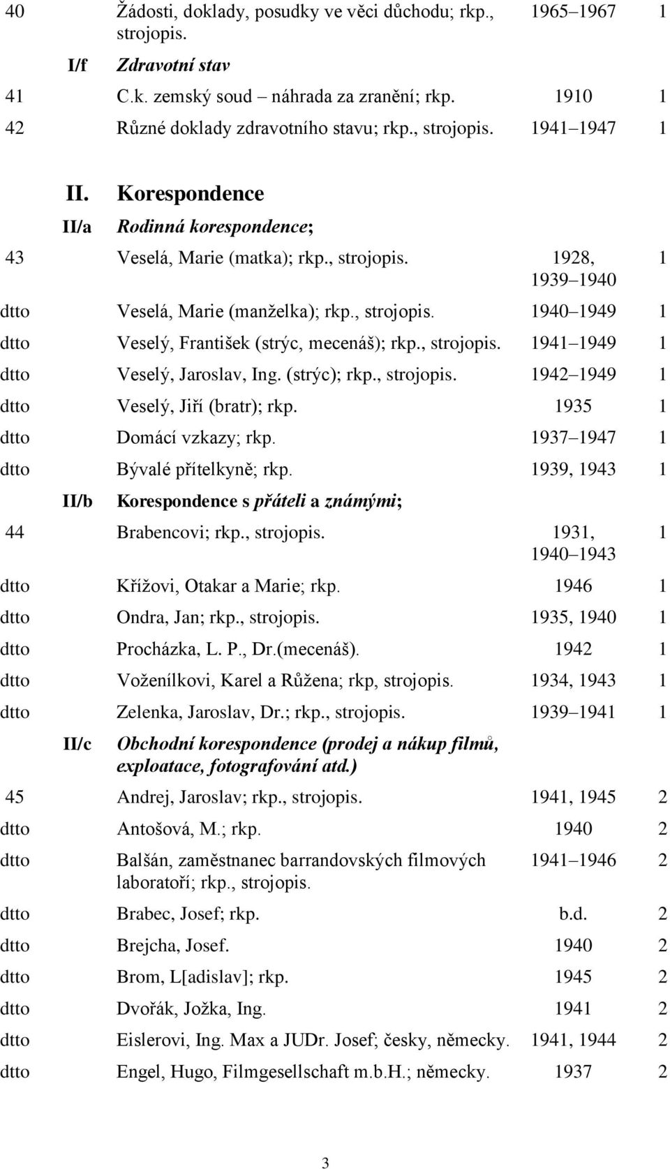 , strojopis. 1941 1949 1 Veselý, Jaroslav, Ing. (strýc); rkp., strojopis. 1942 1949 1 Veselý, Jiří (bratr); rkp. 1935 1 Domácí vzkazy; rkp. 1937 1947 1 Bývalé přítelkyně; rkp.